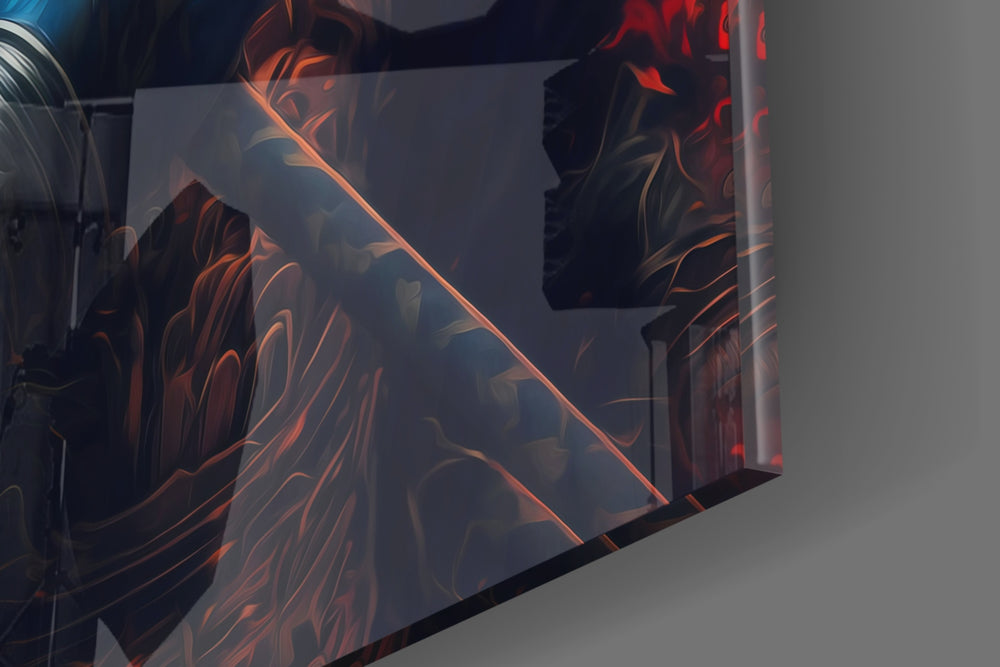 Lord Warrior artwork anchoring a wall with bold dramatic palette