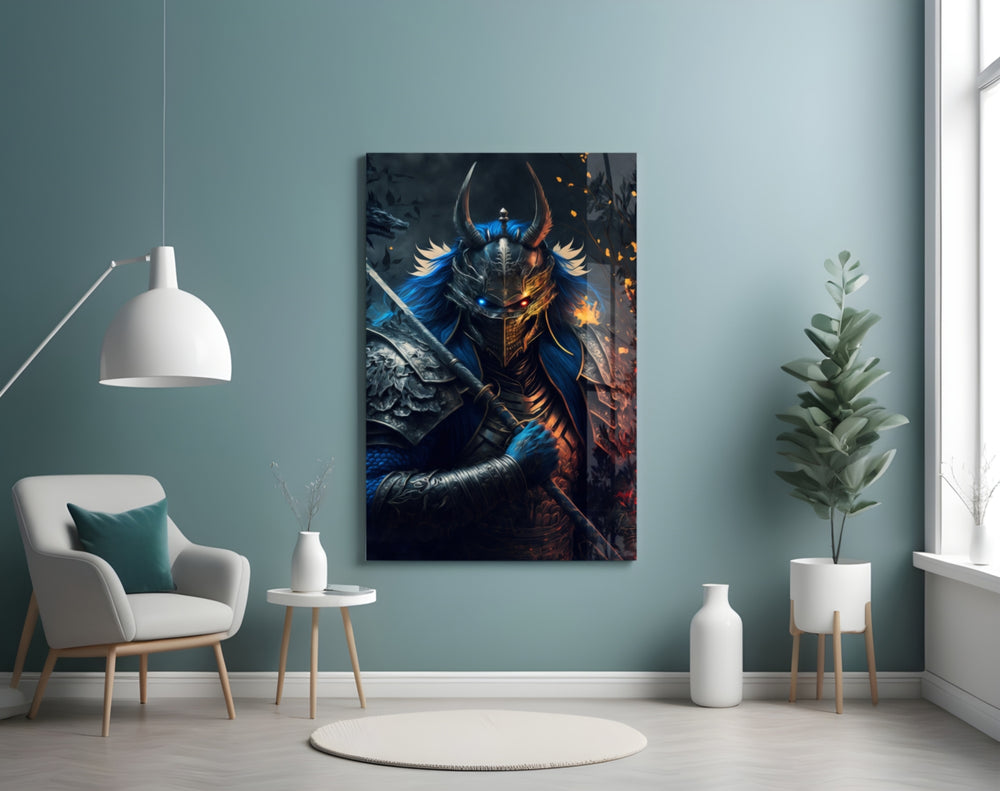 Lord Warrior glass wall art styled above a desk in an office