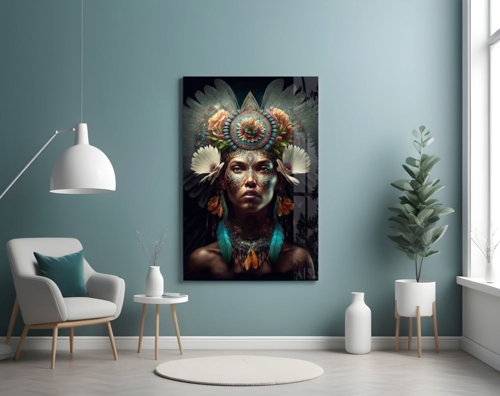Flower Monarch glass wall art styled above a headboard in a bedroom