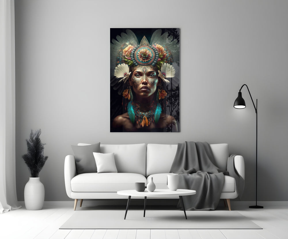 Flower Monarch close-up showing indigenous muse beneath mandala-flower headdress