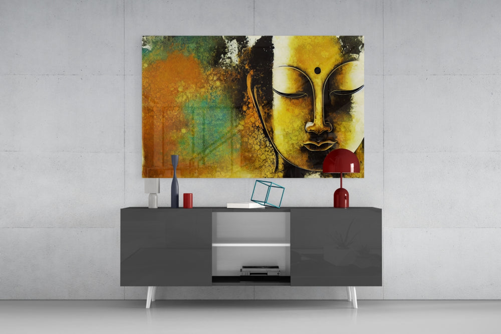 Buddha panel catching window light to reveal its meditative warmth