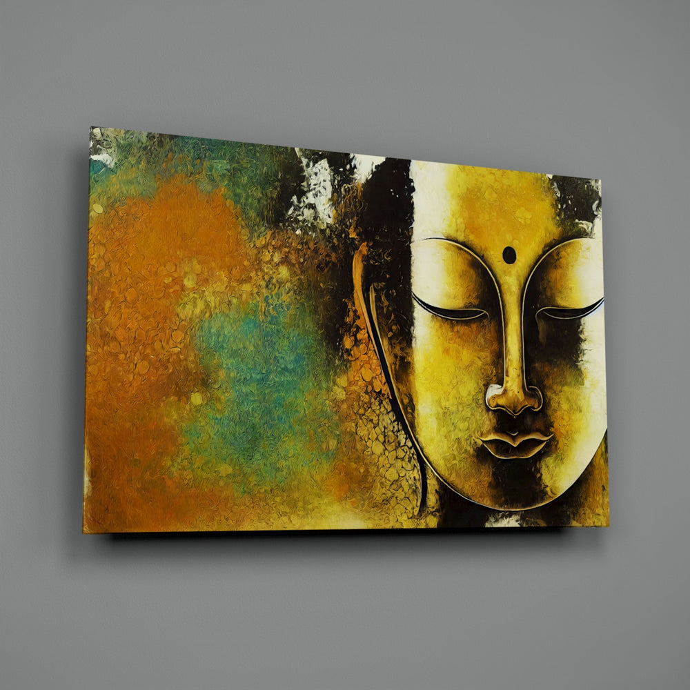 Zen-portrait panel bringing meditative warmth to a contemporary bathroom