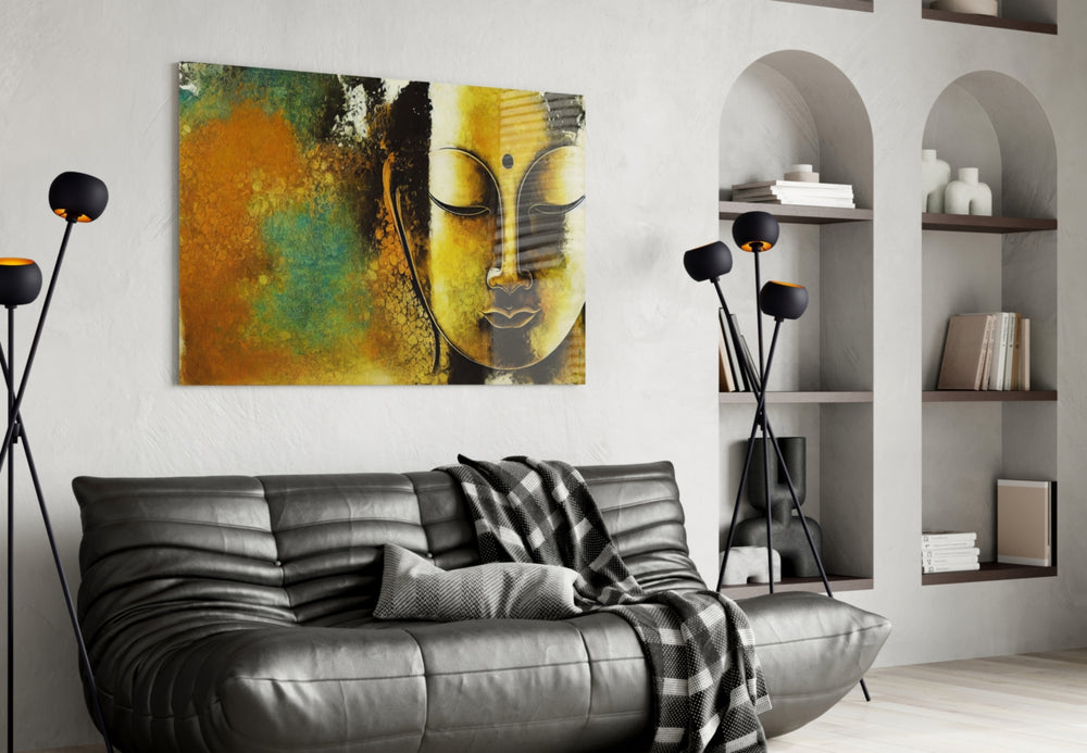 Buddha glass wall art styled above a console in a hallway