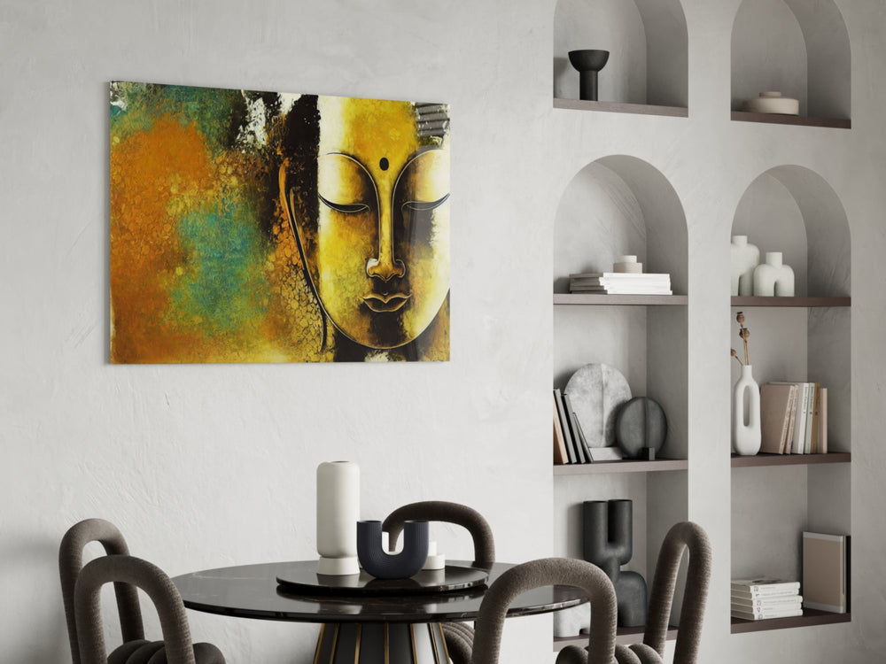 Buddha panel adding editorial grace to a living room