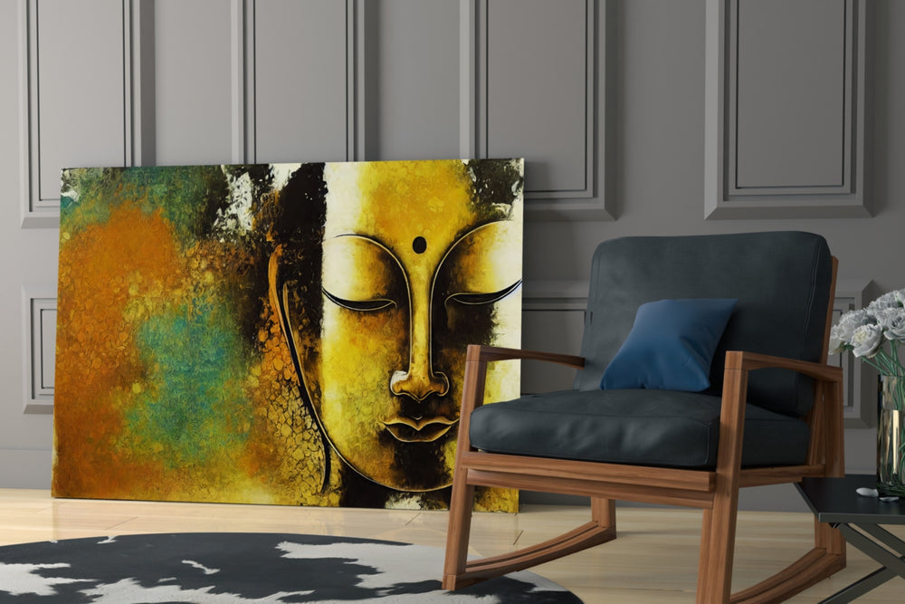 Buddha glass print enhancing an office with cinematic mood