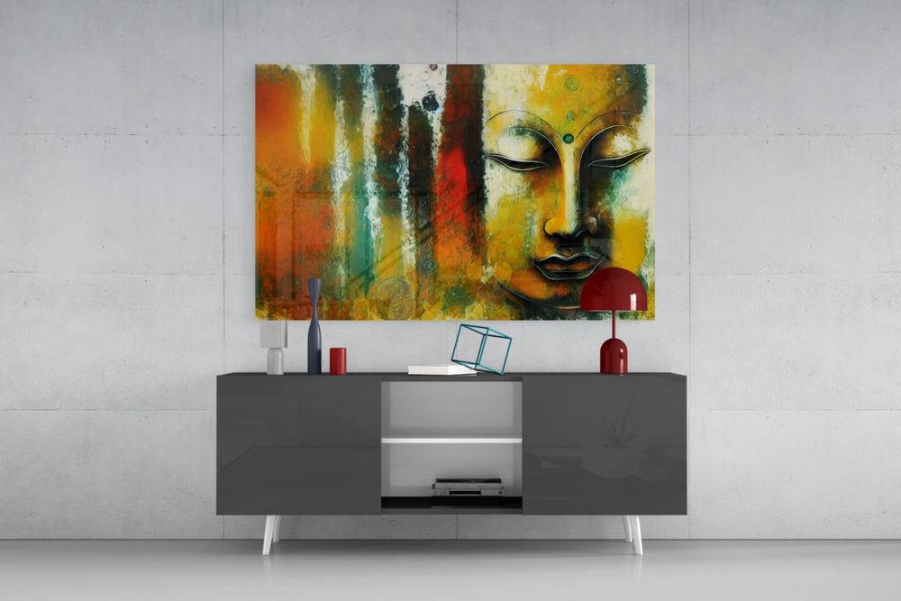 Buddha panel catching window light to reveal its meditative warmth