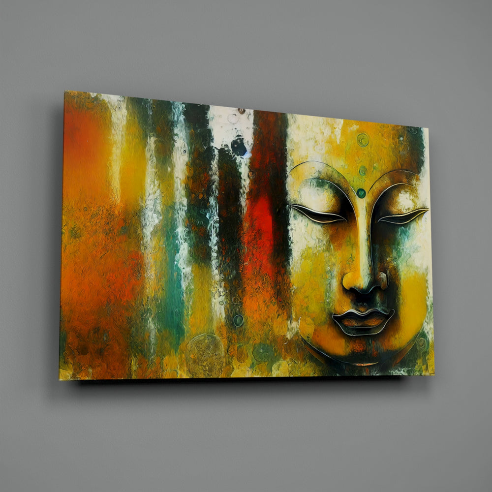 Zen-portrait panel bringing meditative warmth to a contemporary bathroom