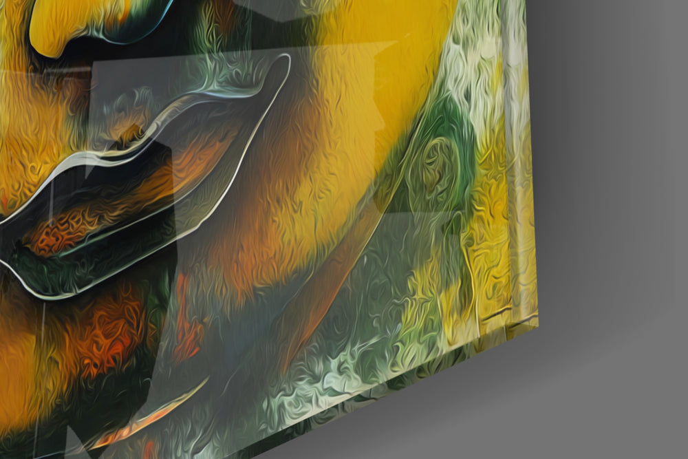 Buddha artwork anchoring a wall with warm dramatic palette