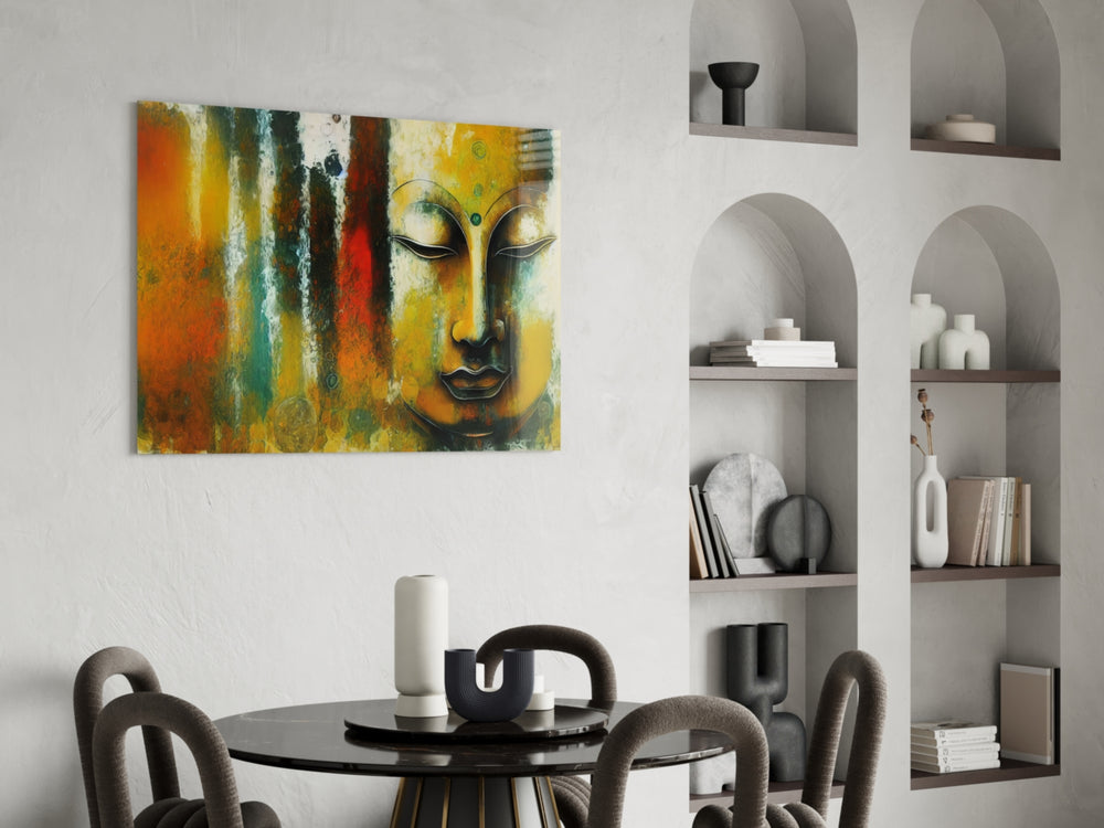 Buddha panel adding editorial grace to a living room