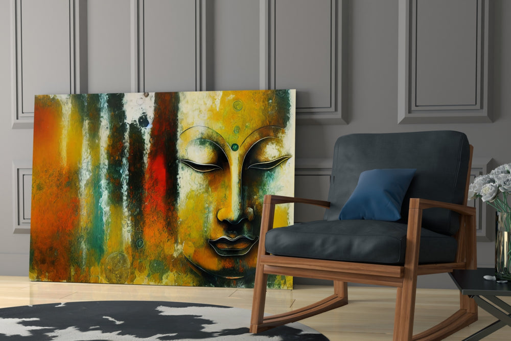 Buddha glass print enhancing an office with cinematic mood