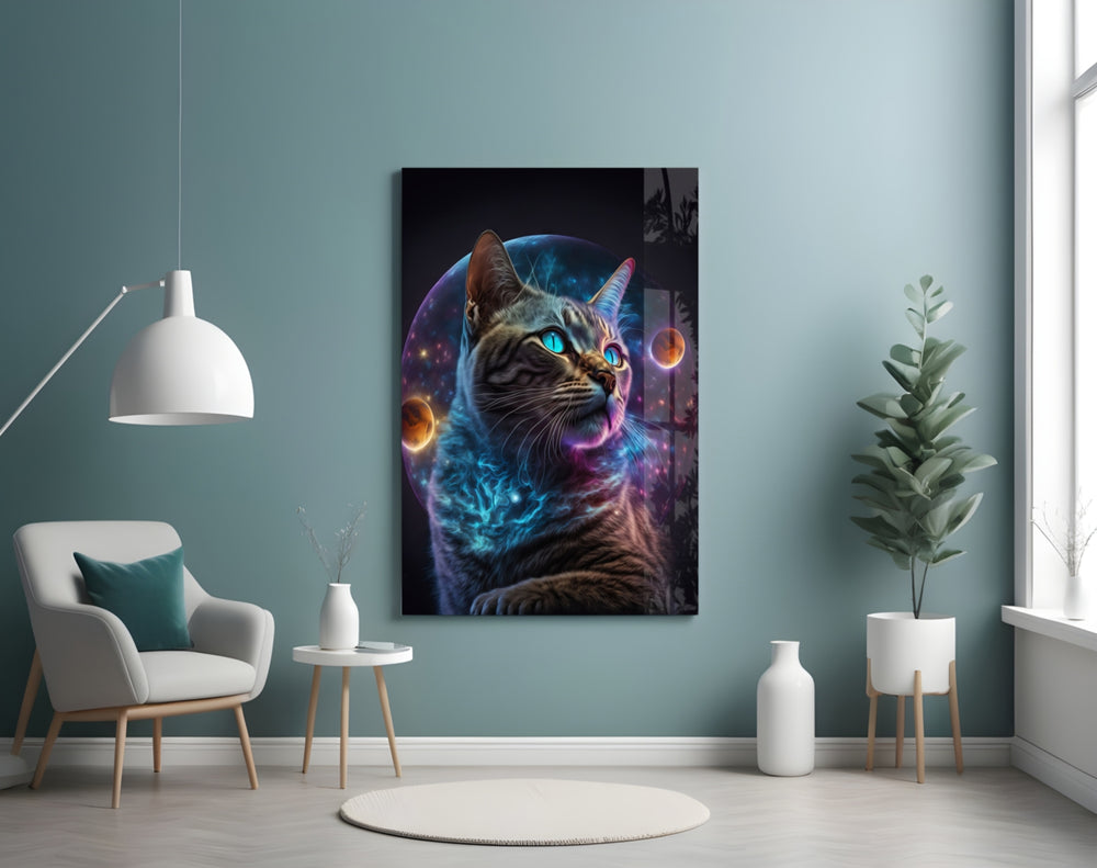 Moon Cat glass wall art styled above a console in a living room