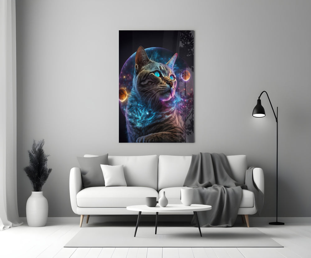 Moon Cat close-up showing tabby cat with blue-eyed gaze toward ember planets