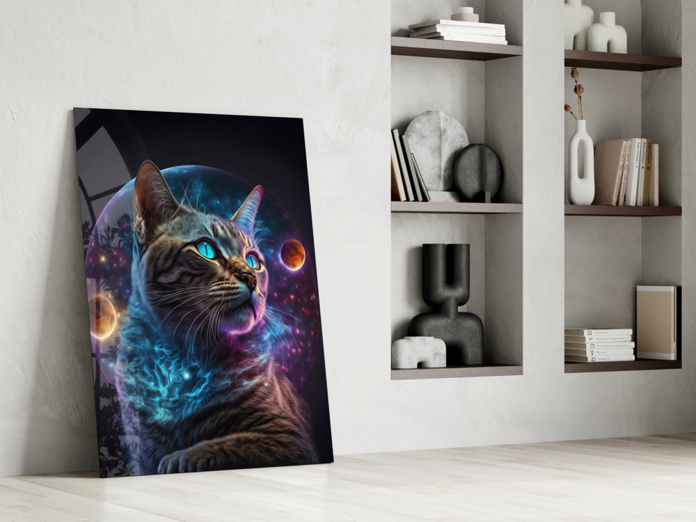 Moon Cat glass print enhancing an office with cinematic mood