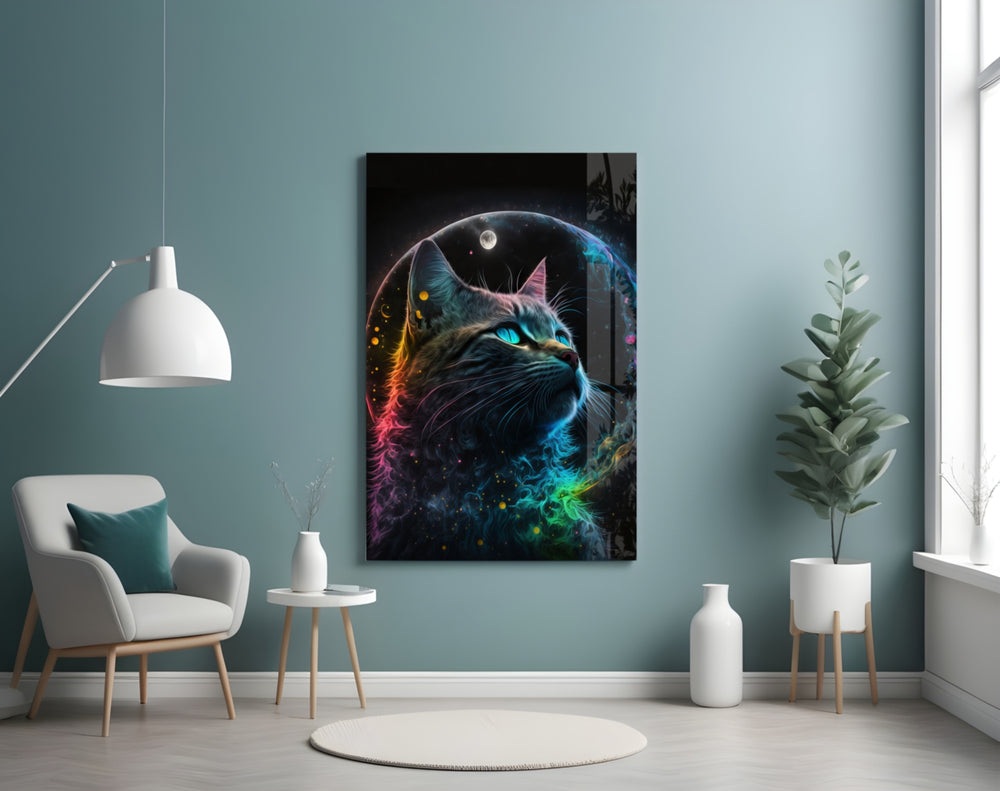 Moon Cat glass wall art styled above a console in a teen lounge
