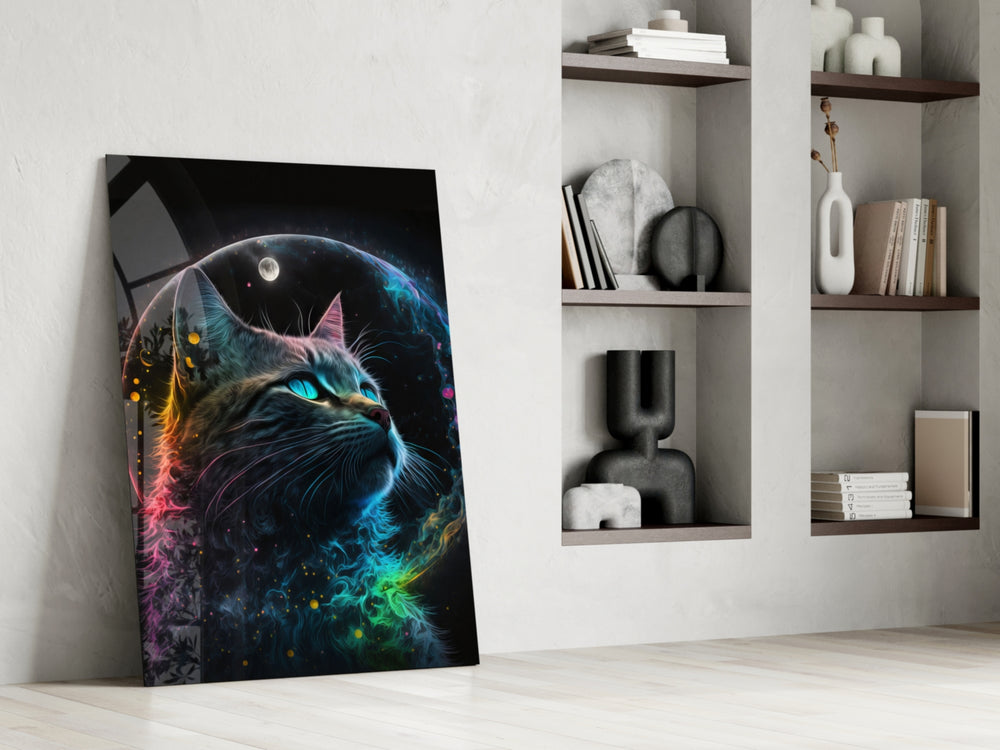 Moon Cat glass print enhancing an office with cinematic mood