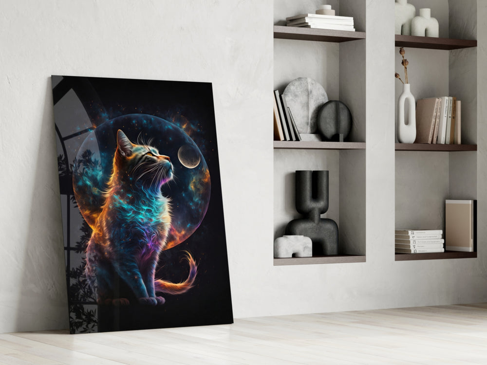 Moon Cat glass print enhancing an office with cinematic mood