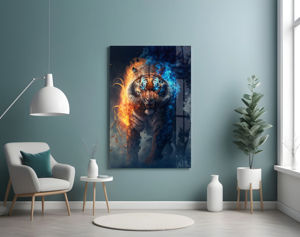 Flaming Nobility glass wall art styled above a desk in an office
