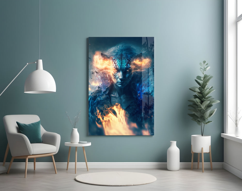 Epic Tiger glass wall art styled above a desk in an office