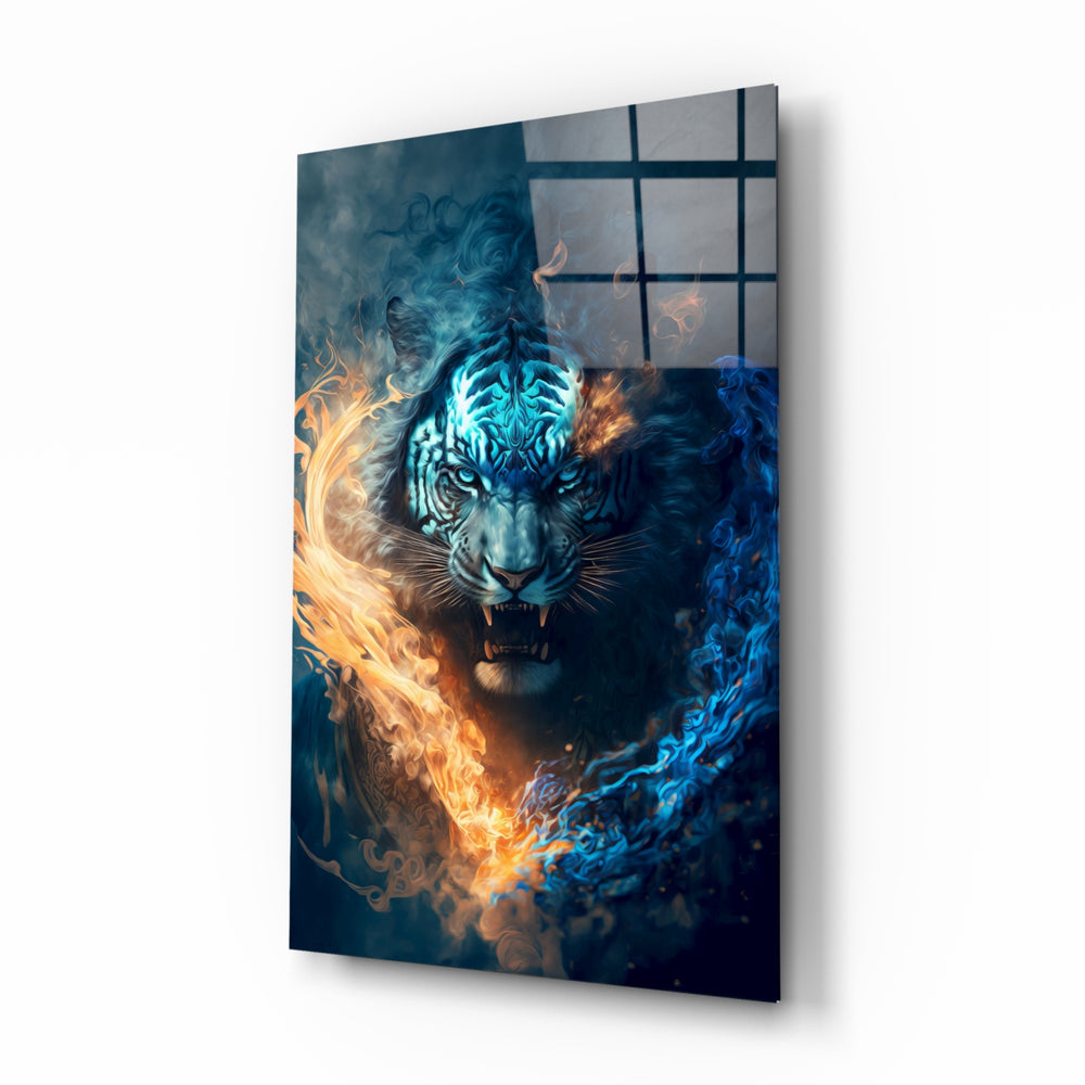Flaming Anger glass wall art displayed above a black leather sectional in a moody man cave with brass sconces