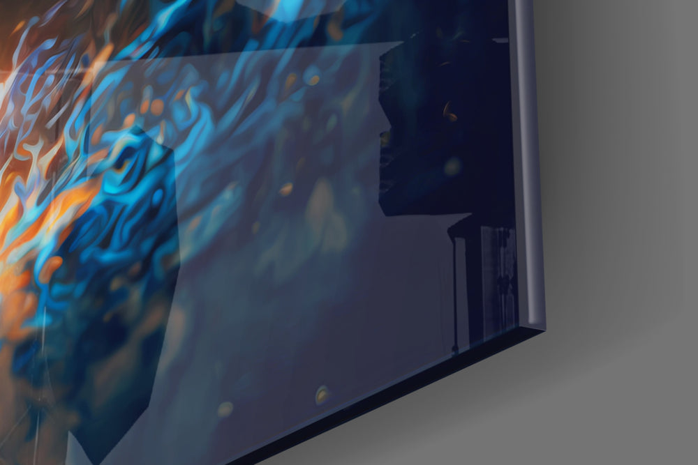 Flaming Anger artwork anchoring a wall with bold dramatic palette