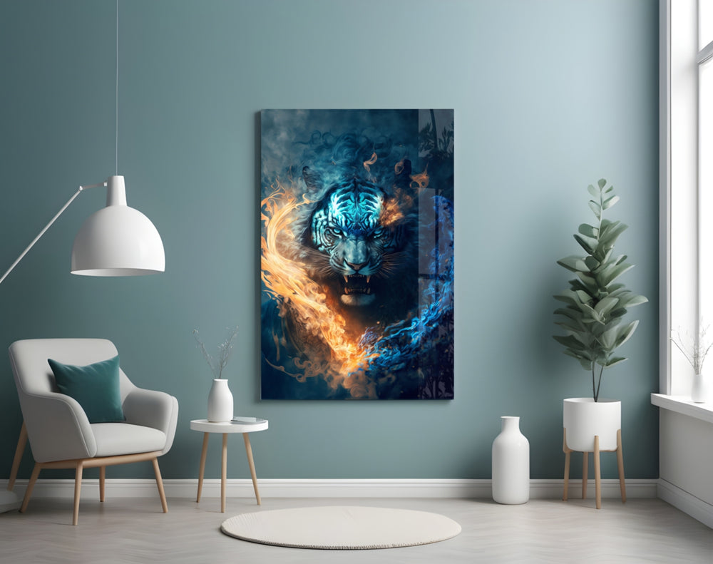 Flaming Anger glass wall art styled above a desk in an office