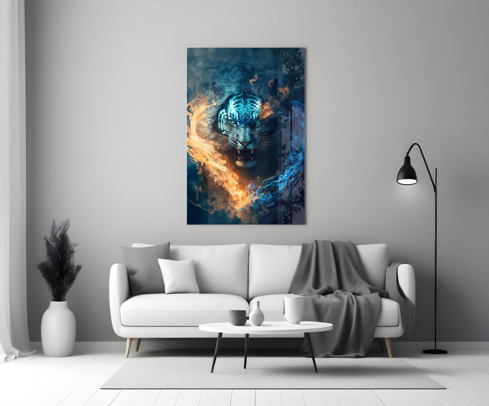 Flaming Anger close-up showing roaring blue tiger amid ember-orange and azure flame
