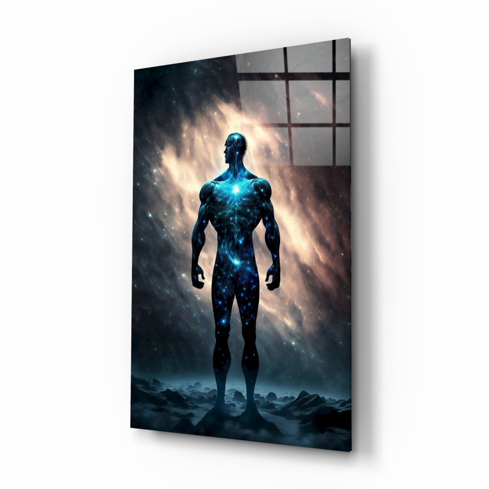 Vitruvius Man glass wall art displayed above a walnut headboard in a serene bedroom with linen drapes