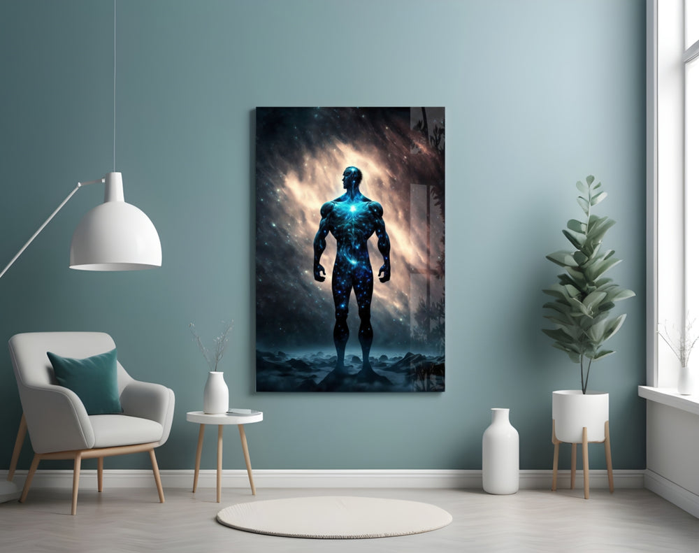 Vitruvius Man glass wall art styled above a console in a hallway