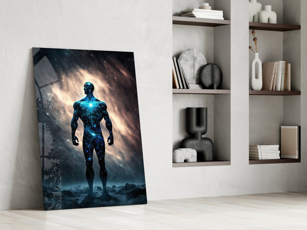 Vitruvius Man glass print enhancing a study with cinematic mood