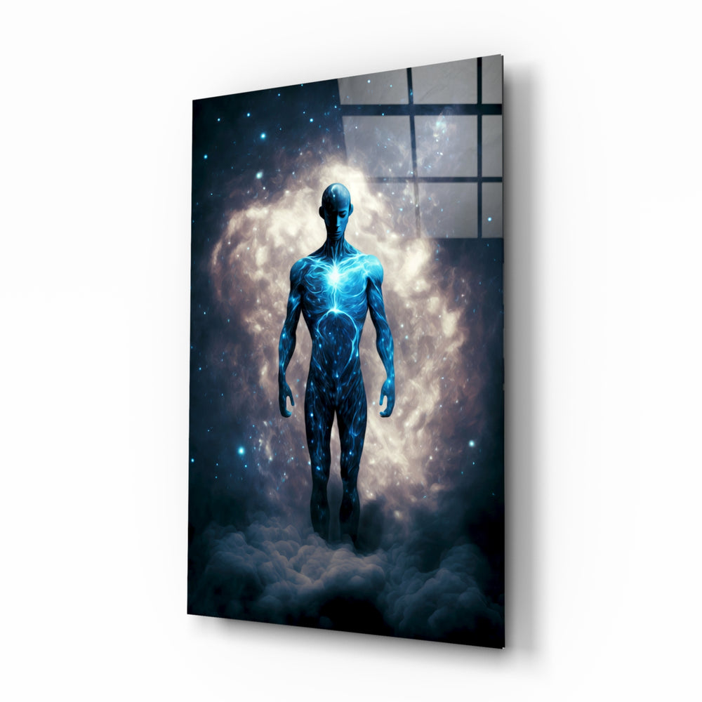 Vitruvius Man glass wall art displayed above a walnut headboard in a serene bedroom with linen drapes