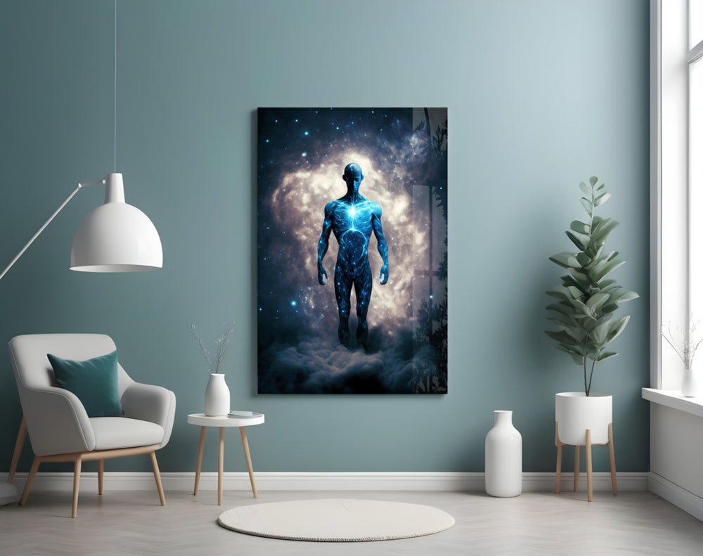 Vitruvius Man glass wall art styled above a console in a hallway