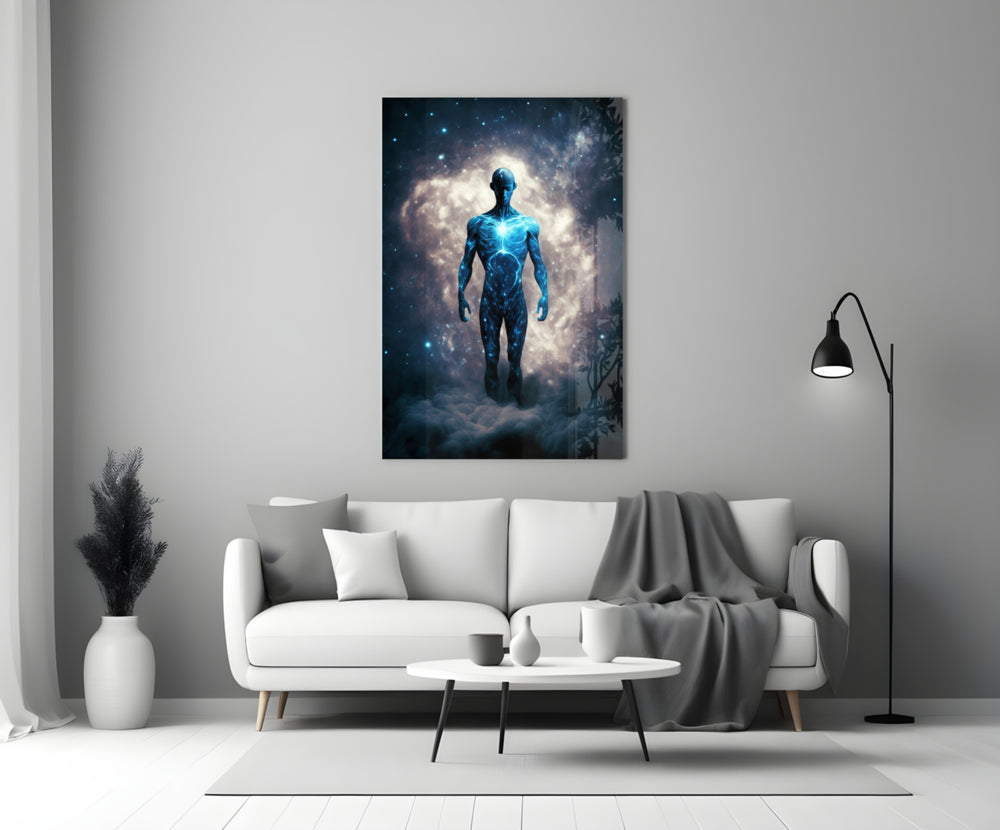 Vitruvius Man close-up showing cosmic figure above misted clouds with sapphire chest