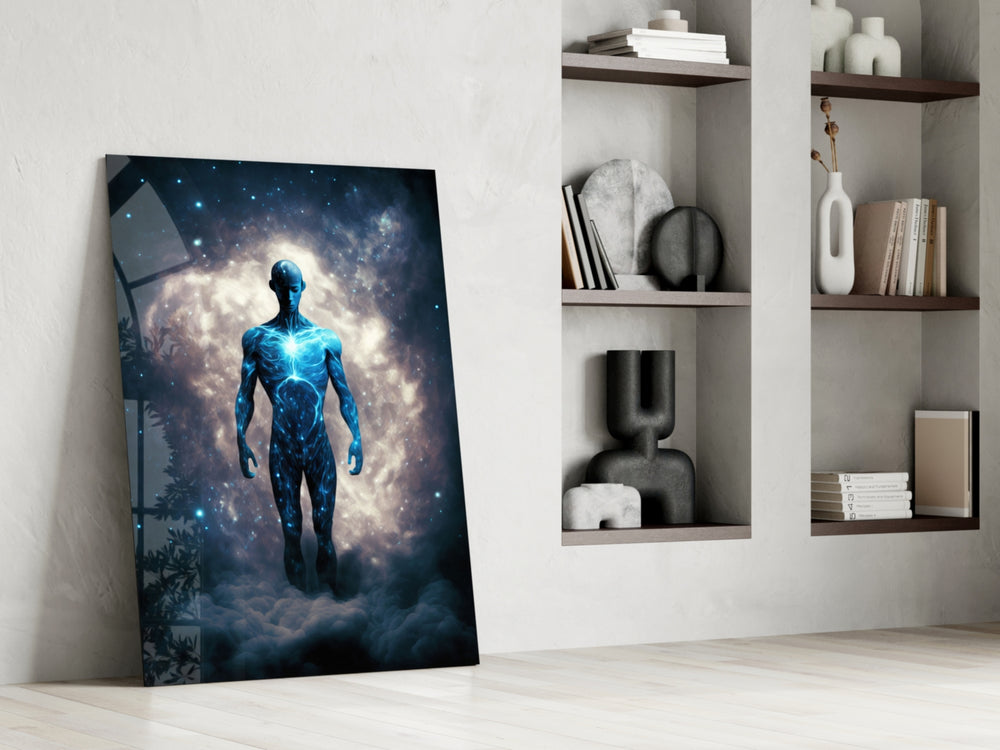 Vitruvius Man glass print enhancing a study with cinematic mood