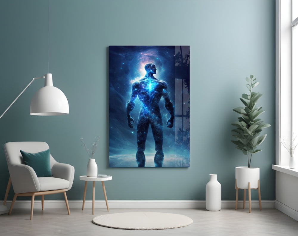 Vitruvius Man glass wall art styled above a console in a hallway