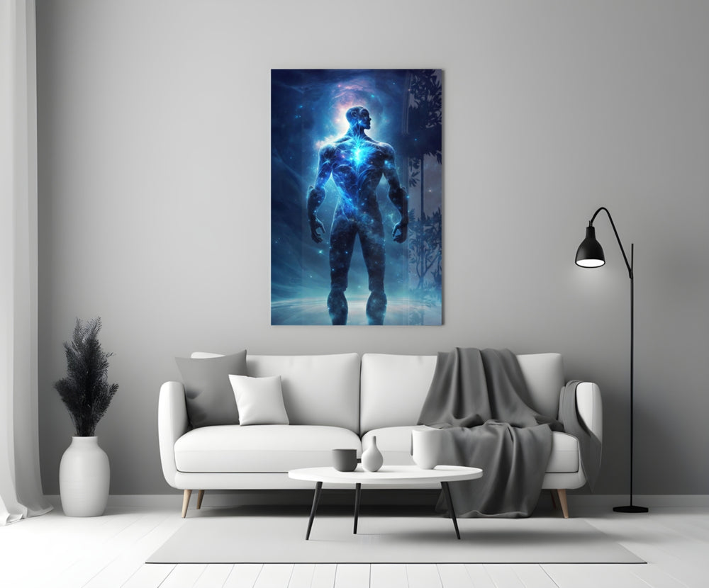 Vitruvius Man close-up showing cosmic figure profile against deep blue void
