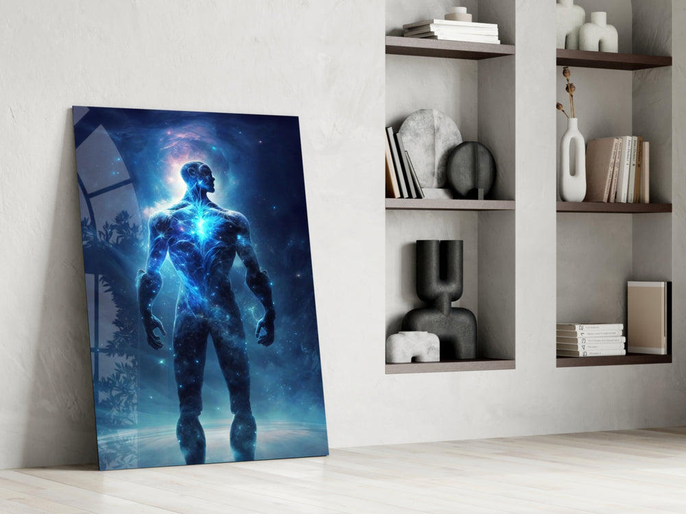 Vitruvius Man glass print enhancing a study with cinematic mood