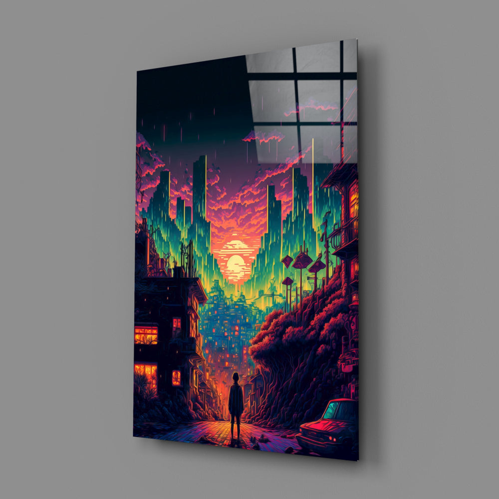 Pixel-cyberpunk panel bringing electric melancholy to a contemporary teen lounge