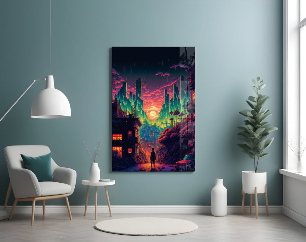 Walk to the New Life glass wall art styled above a console in a gaming room