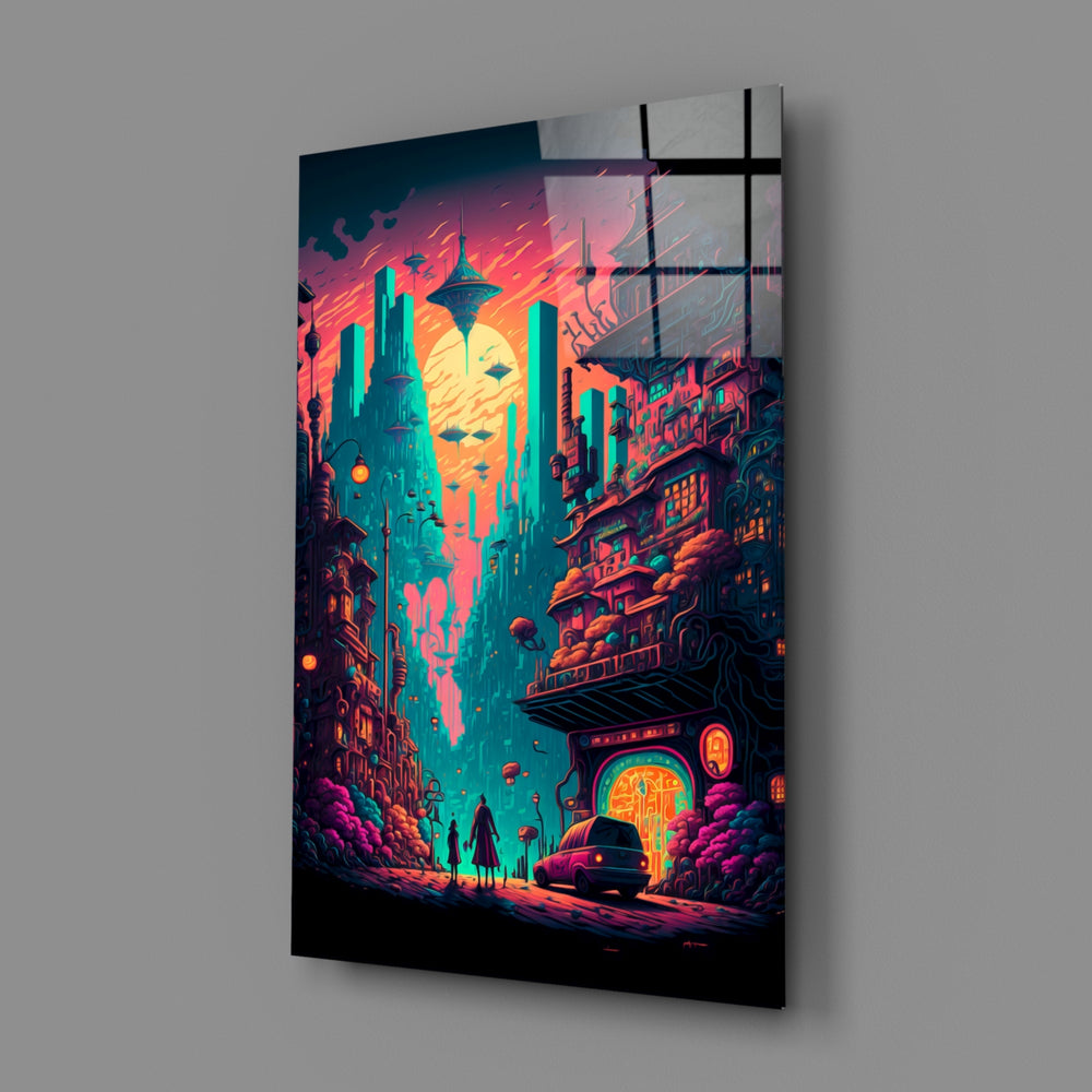 Pixel-cyberpunk panel bringing electric melancholy to a contemporary teen lounge
