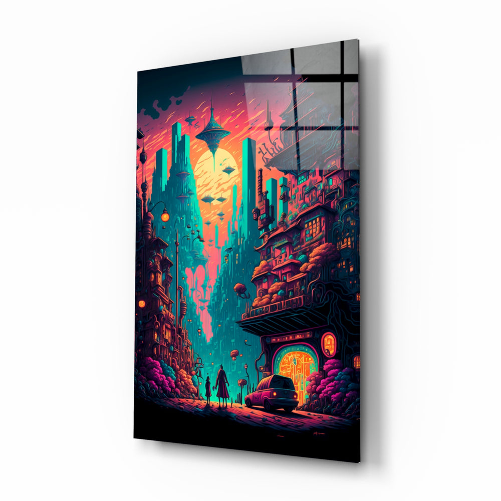 Dream of a New Life glass wall art displayed above a desk in a kids room with magenta and teal LED accents