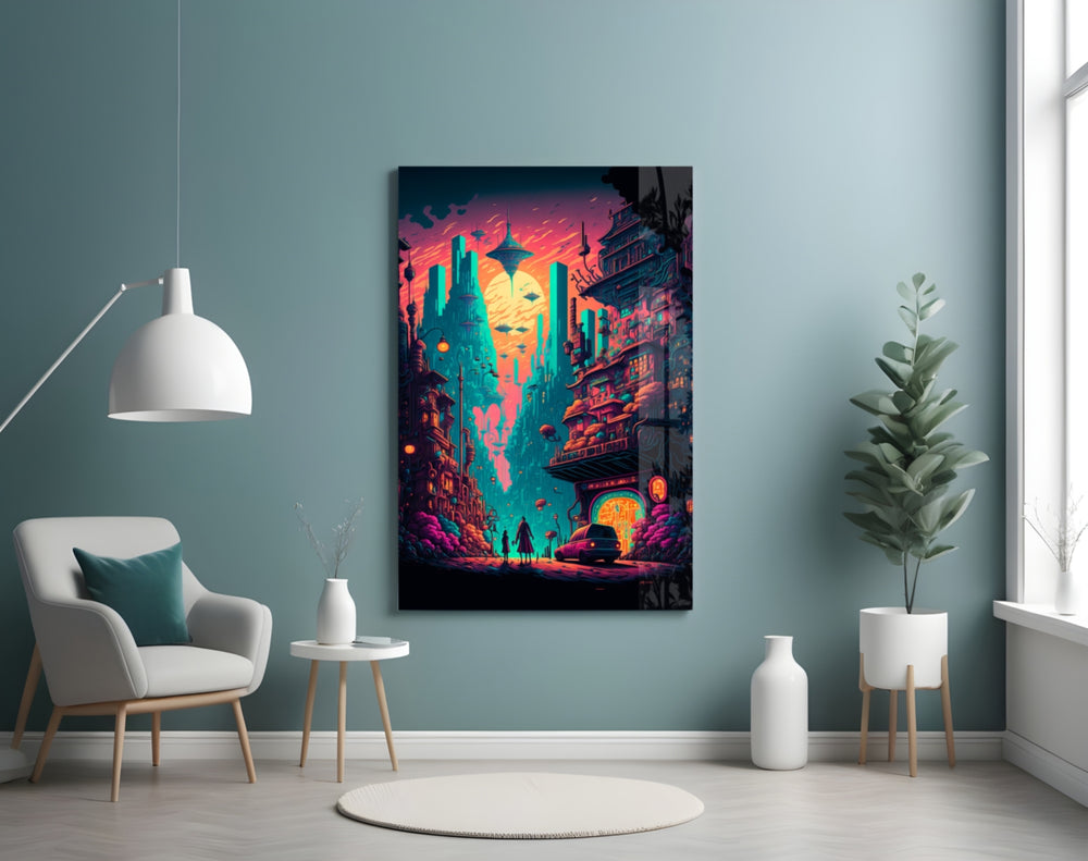 Dream of a New Life glass wall art styled above a console in a gaming room