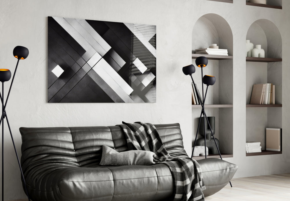 Cubic glass wall art styled above a console in a hallway