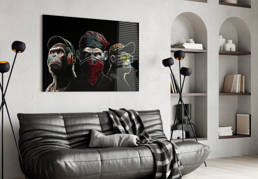 3 Wise Monkeys Neon Lines glass wall art styled above a console in a teen lounge
