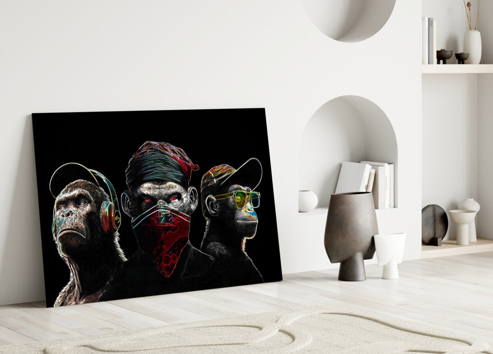 3 Wise Monkeys Neon Lines close-up showing three gangster apes with neon outlines
