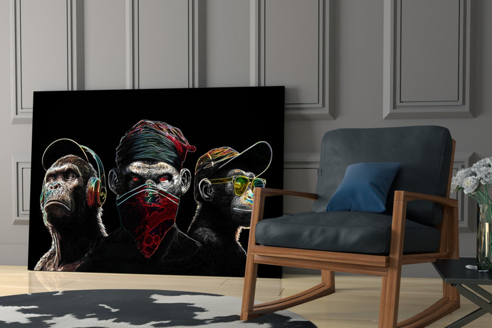 3 Wise Monkeys Neon Lines glass print enhancing an office with cinematic mood