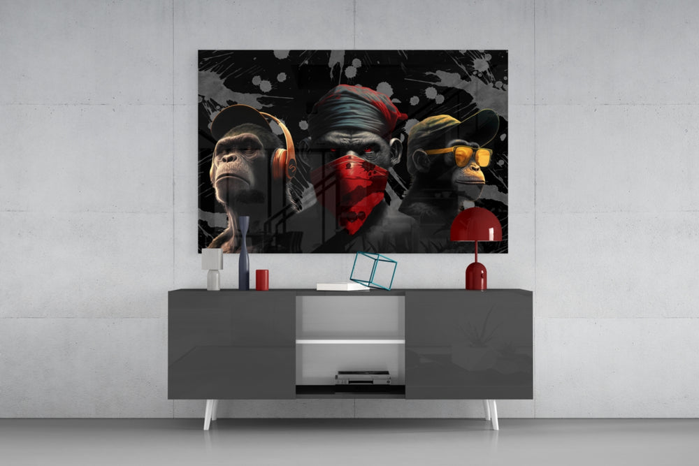 3 Wise Monkeys panel catching window light to reveal its kinetic charge
