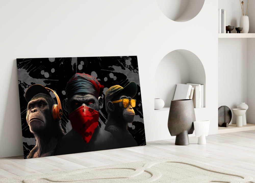 3 Wise Monkeys close-up showing three gangster apes amid grunge ink-spatter