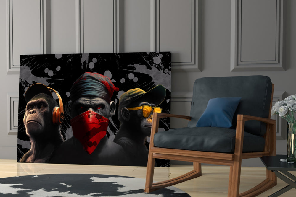 3 Wise Monkeys glass print enhancing a teen lounge with cinematic mood