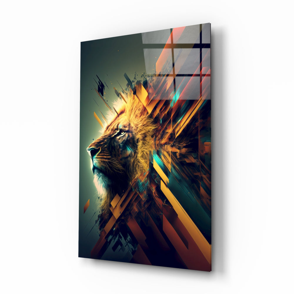Lion King glass wall art displayed above a walnut console in a moody hallway with brass sconces