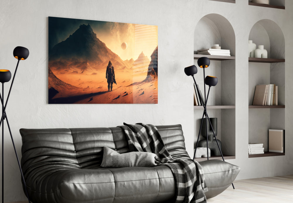 Walk on Another Planet glass wall art styled above a desk in an office